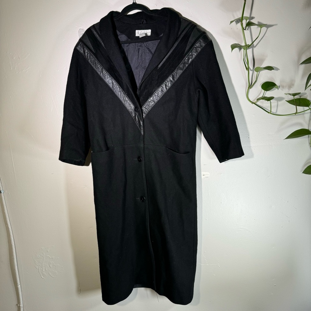 Vintage Wool Patchwork Leather Trim Trench Coat Womens4 Black 60s Heavy Winter